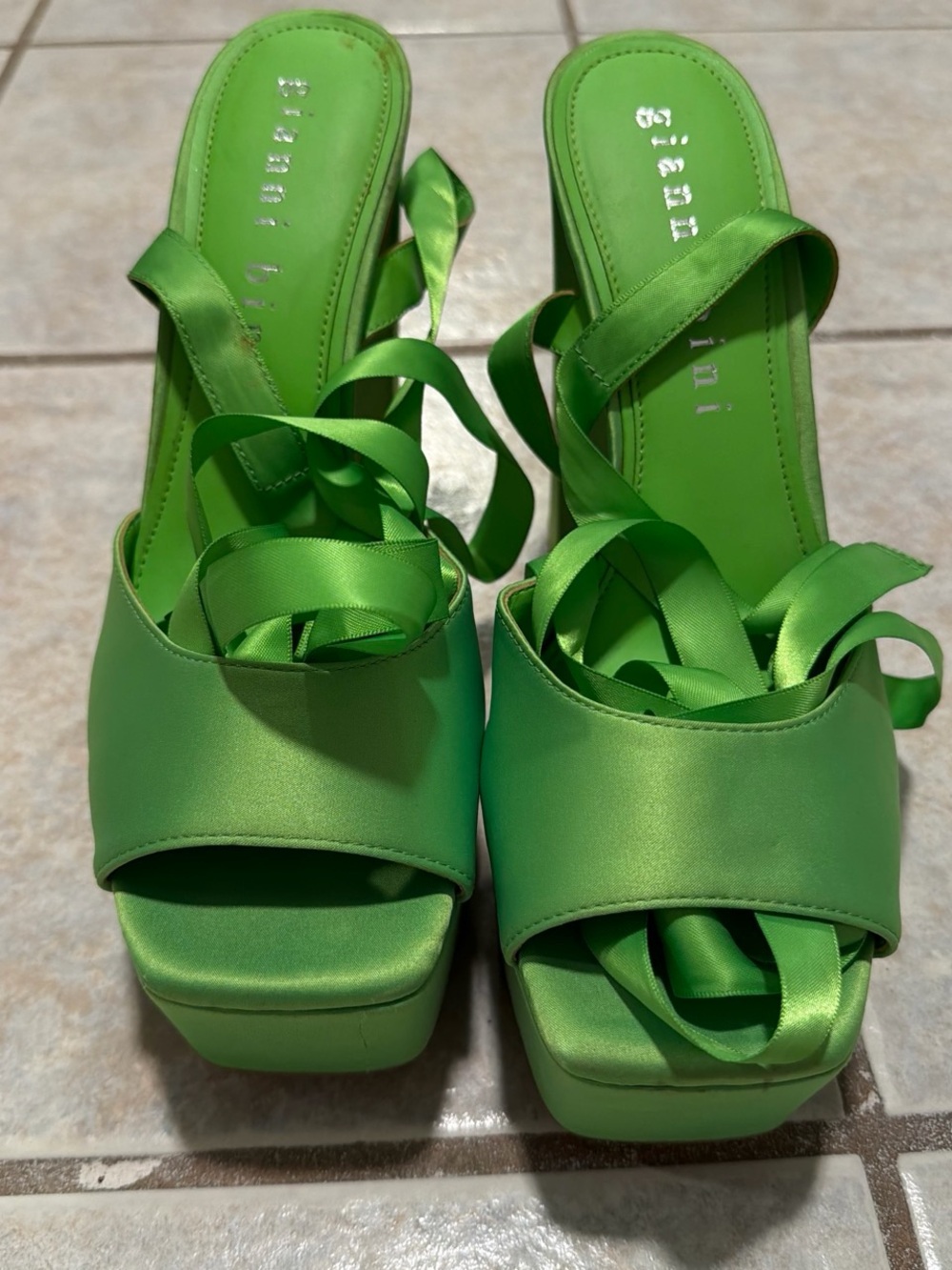 Gianni Bini Bright Green Satin Platform Wrap-Heel Sandals